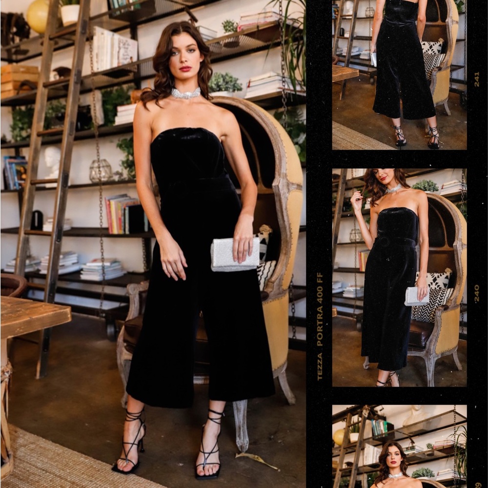 Sugar Lips | Black Velvet Strapless Front Buckle Belt Jumpsuit